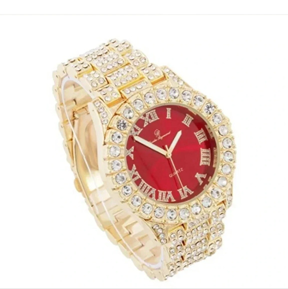 NWOT Mens Gold Big Rocks with Roman Numerals Fully Iced Out Colorful Dial Watch - Picture 2 of 6